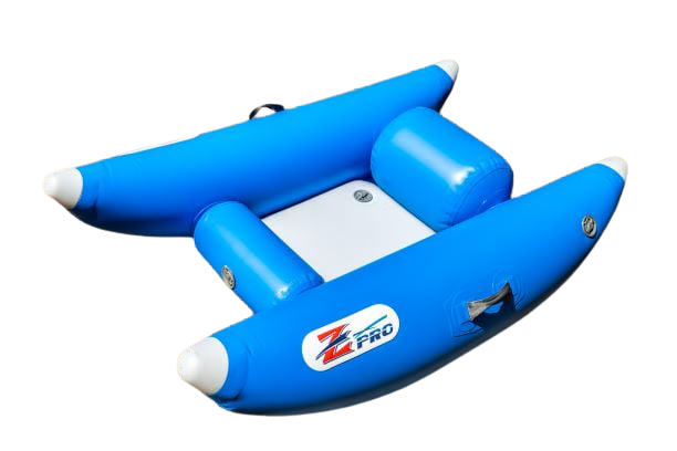 Blue inflatable watercraft with two pontoons and central seat.